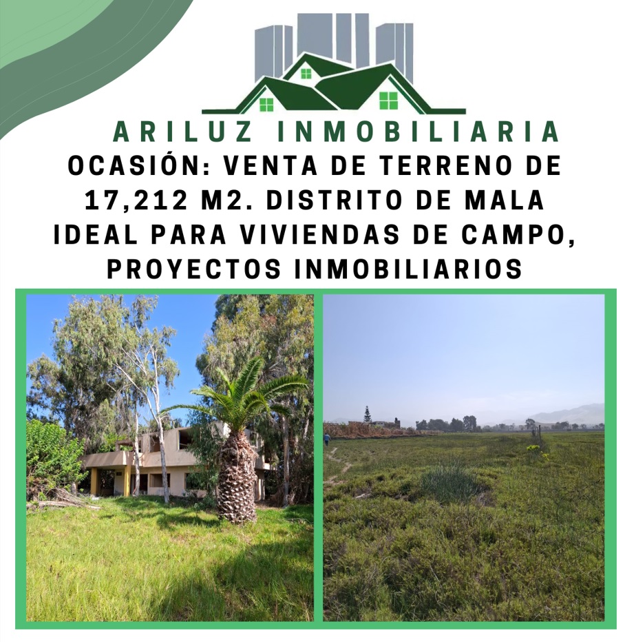 82. TERRENO DE 17,200 M2. MALA OCASIÓN: VENTA DE TERRENO DE 17,212 M2. DISTRITO DE MALA, IDEAL PARA VIVIENDAS DE CAMPO, PROYECTOS INMOBILIARIOS